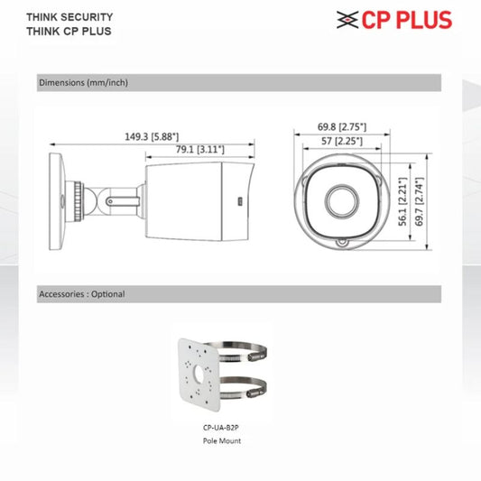 CP PLUS 5MP Bullet CCTV Camera CP-USC-TC51PL3C-0360 Mi – 3.6mm Lens, 30m IR Night Vision, Built-in Microphone, IP67 Weatherproof