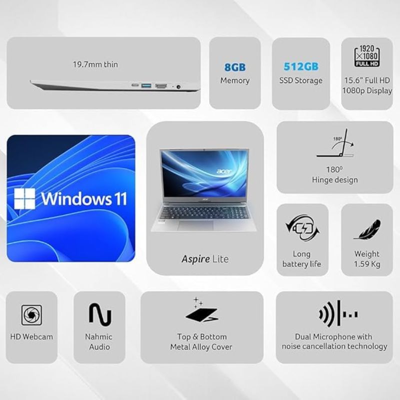 Acer | Aspire Lite | UN.34ESI.00J / 5W.AL15-53 | Intel Core i5-1334U | 16 GB DDR4 | 512 GB PCIe NVMe SSD | Intel UHD Graphics | 15.6″ FHD Display | Windows 11 + MS Office | Steel Gray | Backlit Keyboard