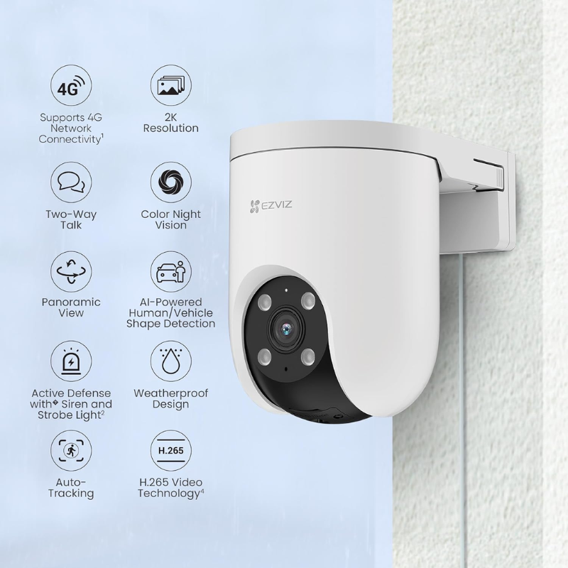 EZVIZ H8C 4G- 3MP 2K Pan & Tilt 4G Camera with Auto-Tracking| 2 Way Talk| Color Night Vision| Active Defense with Siren & Strobe Light| Weatherproof| H.265 Video| Supports MicroSD Card| White