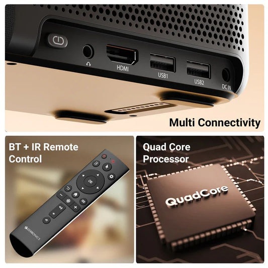 Zebronics | ZEB Pixaplay Pro 500 | LED Projector | 1080p FHD | 12500 Lumens | Air Mouse | Built In Speaker | Ultra Short Throw | Multi Connectivity | 228cm Screen | Home Entertainment | Office Projector