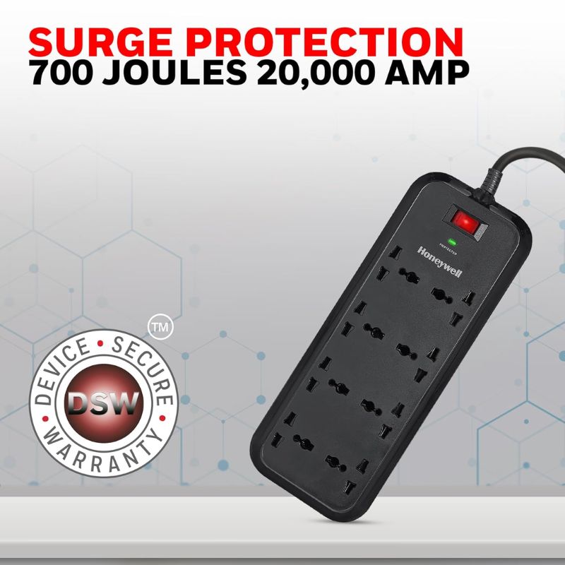Honeywell Surge Protector| 8 Universal Sockets| 20000Amp| 2 Meter Cord| Device Secure Warranty| Automatic Overload Protection| Spike Guard/Extension Board| Master Switch| 3Year Manufacturer Warranty