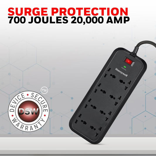 Honeywell Surge Protector| 8 Universal Sockets| 20000Amp| 2 Meter Cord| Device Secure Warranty| Automatic Overload Protection| Spike Guard/Extension Board| Master Switch| 3Year Manufacturer Warranty