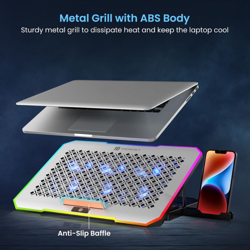 Portronics My Buddy Air Pro 10 RGB Laptop Cooling Pad | 6 Fans | Dual USB 2.0 Ports | Metal Mesh | Anti-Slip Design | Adjustable Height | Compatible with Laptops Up to 17″ | Grey