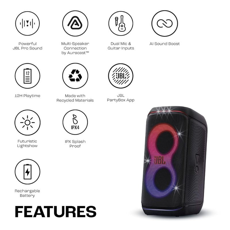 JBL New 160 W Bluetooth Party Speaker – JBL Party Box Club 120 (Black) with Fold‑able Handle & Light Show