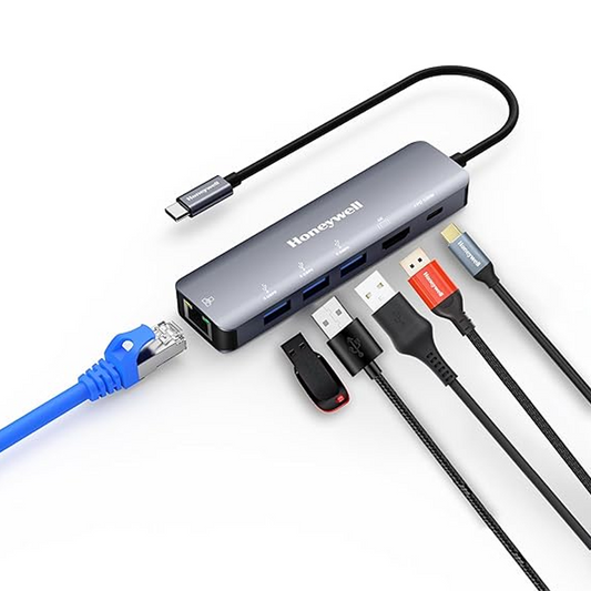 Honeywell New Launch 6-in-1 Type C Docking Station with 4K HDMI Port| 1GBPS RJ45 Ethernet Port| 3xUSB Port & Type C 3.0 PD 100W, for All Type C Devices-Windows/MacBook| On-The-Go Feature