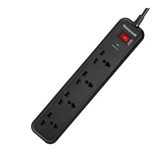 Honeywell 4 Out Surge Protector| Black| LED Indicator| Metal Oxide Varistor technology| Overload Protection| Master reset switch| Child Lock shutter| Fire resistance material | MOV| LED indicator & DSW