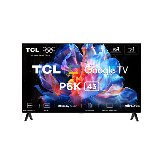 TCL 43P6K 4K UHD Google TV |43" inch| Black| 20 Watts sound| 3 HDMI and 1 USB ports| 1 year warranty