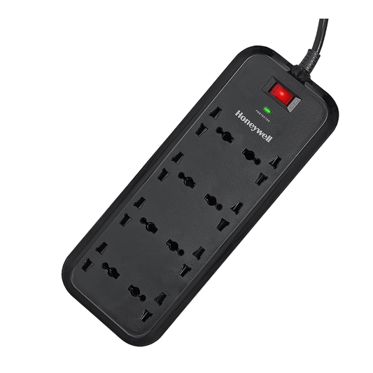 Honeywell Surge Protector| 8 Universal Sockets| 20000Amp| 2 Meter Cord| Device Secure Warranty| Automatic Overload Protection| Spike Guard/Extension Board| Master Switch| 3Year Manufacturer Warranty