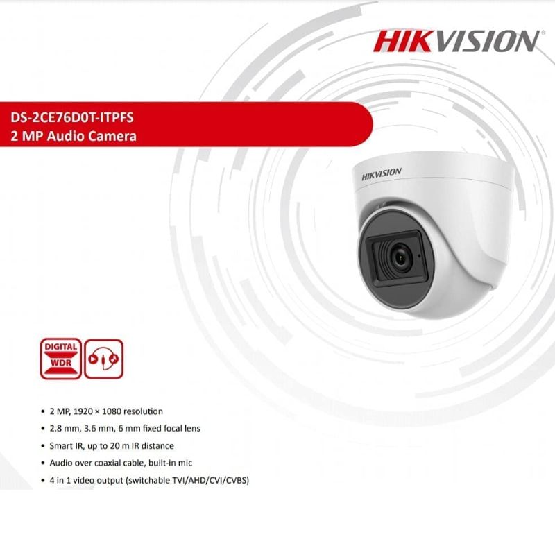 Hikvision DS-2CE76D0T-ITPFS 2MP| White Wireless| 1080p Dome Camera with inbuilt Mic| Indoor usage| Corded Electric