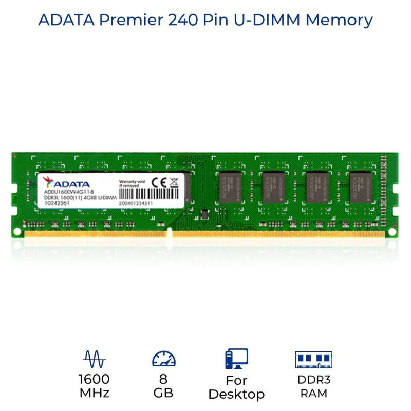 ADATA 8GB DDR3 1600MHz Desktop RAM | High-Performance 240-Pin U-DIMM Memory Module | Reliable Upgrade for Faster Multitasking and Smooth PC Performance