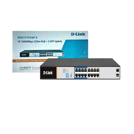 D-Link DGS‑F1018P‑E 16-Port Gigabit PoE+ Switch, 2 SFP Uplink Ports, 150W PoE Budget, Rack-Mountable