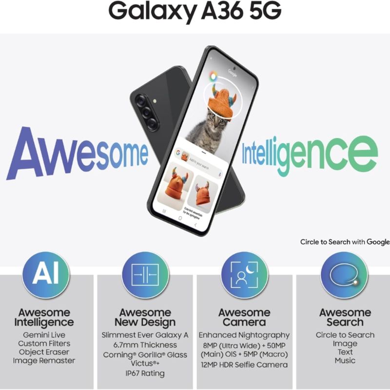 samsung Galaxy A36 5G Smartphone |8GB RAM| 128GB Storage| Smooth 5G Performance|Premium AMOLED Display| Long-Lasting Battery| Advanced Camera System & Sleek Modern Design