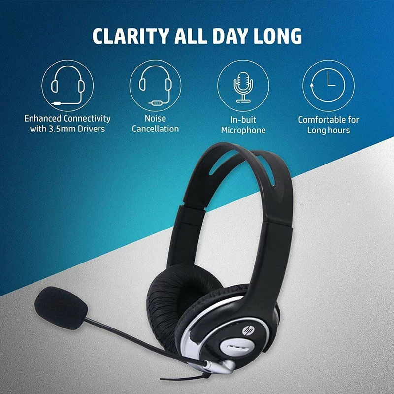 Hp Wired On Ear Headphones with Mic With 3.5 Mm Drivers| In-Built Noise Cancelling| Foldable And Adjustable For Laptop/Pc/Office/Home|1 Year Warranty |B4B09Pa