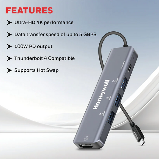 Honeywell 5-in-1 Type C Mini Docking Station - 4K HDMI, 1GBPS Ethernet, USB 3.0 & Dual Type C PD85W Ports| 5GB Transfer Speed| Compatible with All Type C Devices