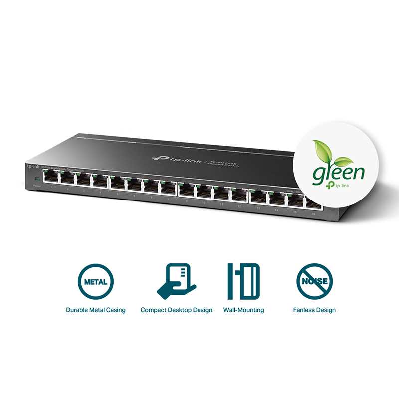 TP-Link 16 Port Gigabit Switch | Unmanaged Pro | Plug & Play | Fanless | Desktop/Wall-Mount | Durable Metal Casing | Support QoS, IGMP Snooping and Link Aggregation |TL-SG116E