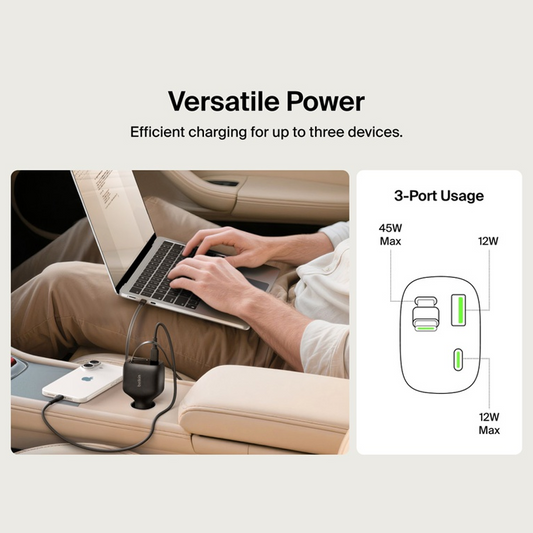 Belkin Retractable Car Charger 75W| Black| 75cm USB-C cable| Fast iPhone charger| 100% plastic-free packaging| two ports -USB-C + USB-A