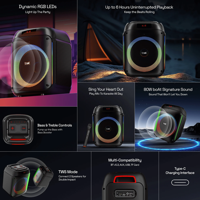 boAt Party Pal 220 Bluetooth Party Speaker w/ 80 W Signature Sound| RGB LEDs| Up to 6 hrs Playback| BT v5.3| AUX & USB Port| Wireless Mic| Bass & Treble EQs| TWS Mode