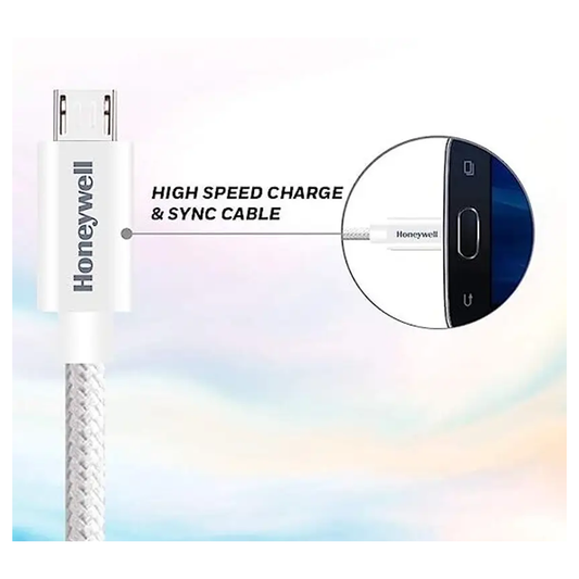 Honeywell 1.2m White Braided USB to Micro USB Cable| HC000025/CBL/1.2M/WHT/B| Compatible For Smart Phones, Tablets & Power Banks| Tangle Free & 10000+ Bends Life Span| White