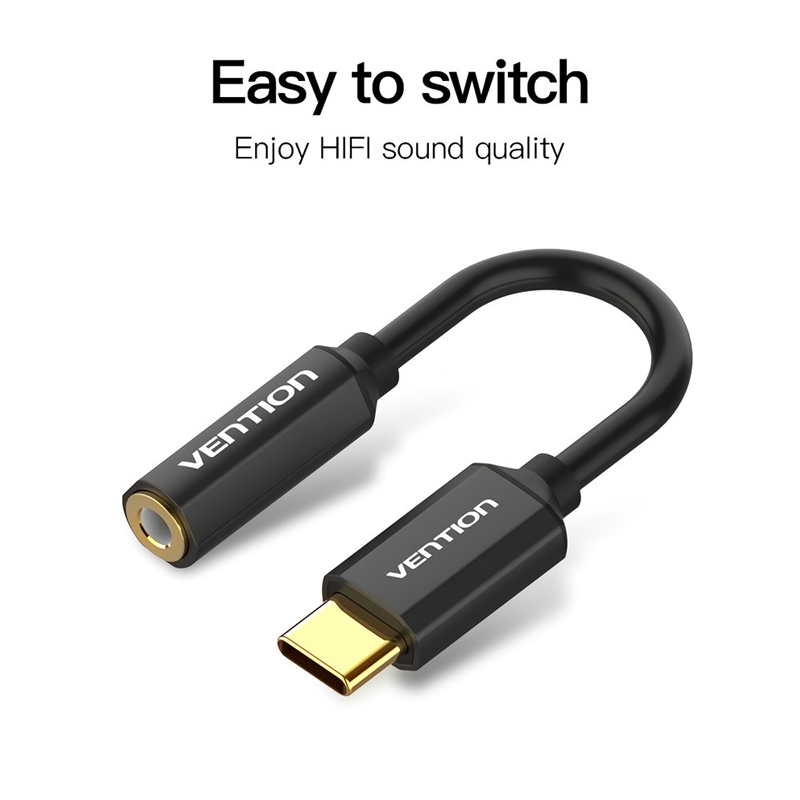 Vention Type-C to 3.5mm Audio Cable 0.1M Black Metal Type| OMTP&CTIA Compatible| Stable Signal Transmission| Wide compatibility| 3 years warranty