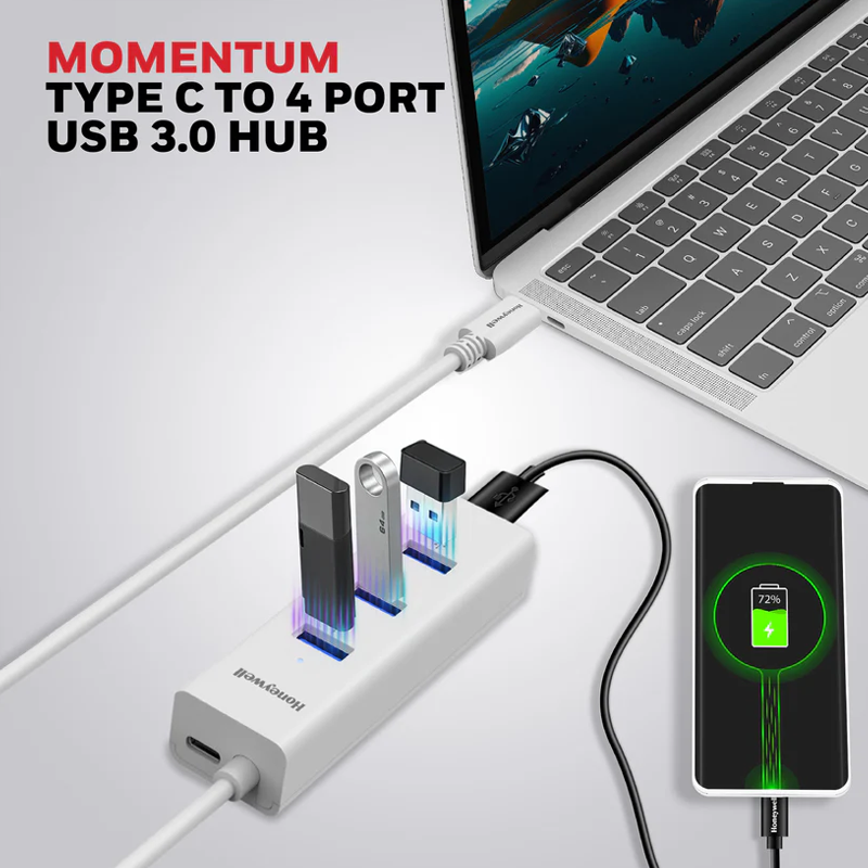 Honeywell Momentum Type C to 4xUSB 3.0 Hub| Super-Fast Transmission Speed 5GBPS| Max Current 900mA per Port| Universally Compatible with All Type C- MacBook, Laptop, PC, Printer, Mobiles, Keyboard