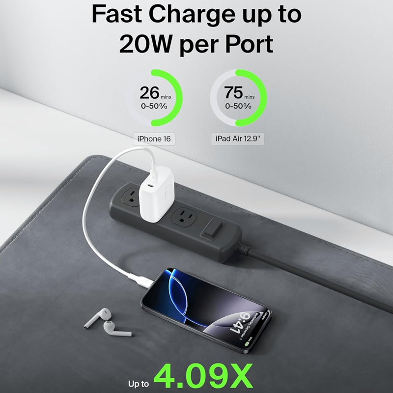 Belkin 40W |20W + 20W| Two Ports USB -C PD Wall Charger | Fast Charging for iPhone 17, Air, Pro, Pro Max, Samsung Galaxy S25, Google Pixel 10, iPad, AirPods | 2 Years Warranty| White