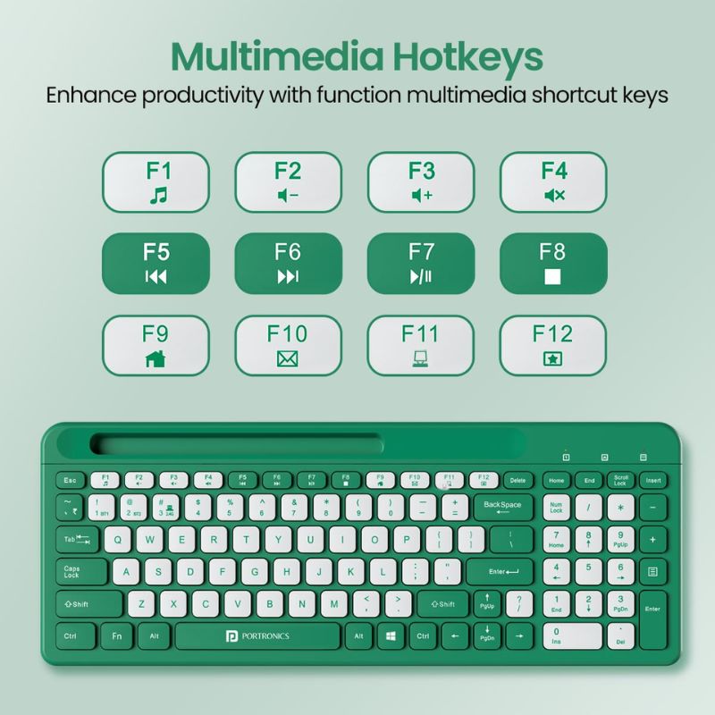 Portronics Bubble Square Wireless Keyboard (POR 2205) | Dual 2.4 GHz & Bluetooth 5.3 Connectivity | Full‑Size Multimedia Keyboard with Smartphone Holder | Multi‑Device Pairing & Hotkeys for Windows, macOS & Android