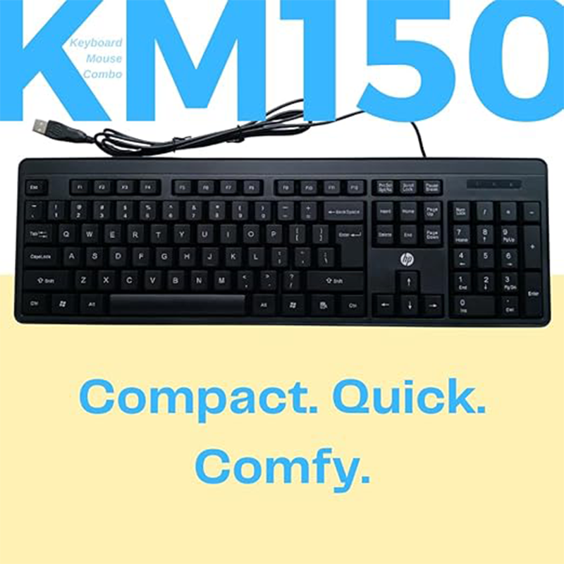 HP KM150 Wired Keyboard & Mouse Combo | USB Connectivity | Full-Size Keyboard | Optical Mouse | Plug & Play | Spill-Resistant Design | Black