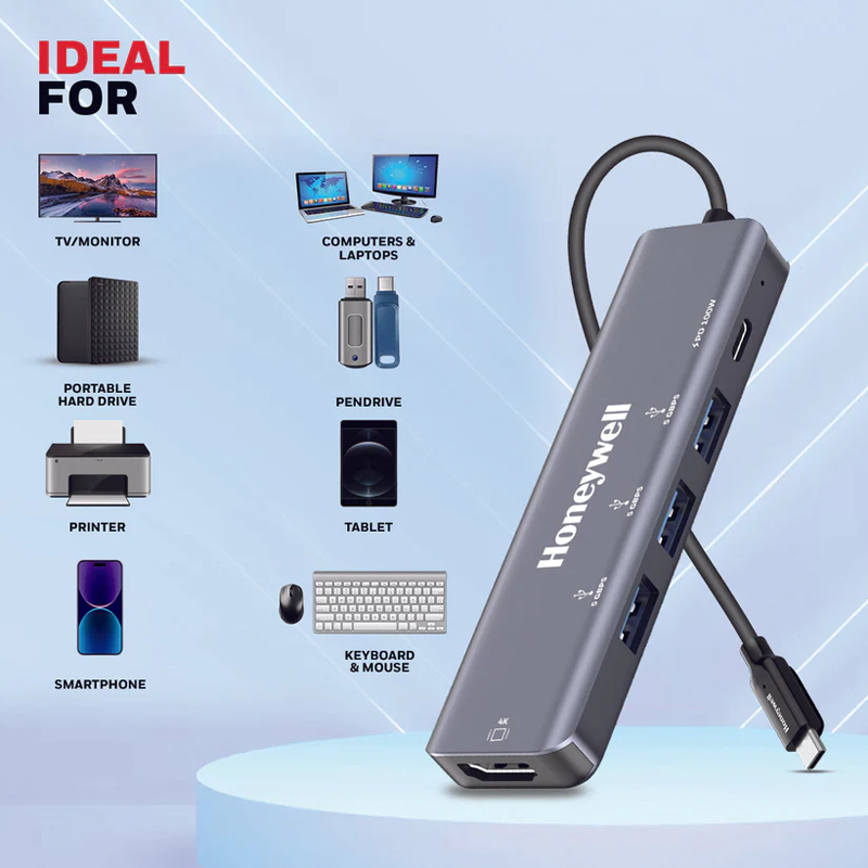 Honeywell 5-in-1 Type C Mini Docking Station - 4K HDMI, 1GBPS Ethernet, USB 3.0 & Dual Type C PD85W Ports| 5GB Transfer Speed| Compatible with All Type C Devices