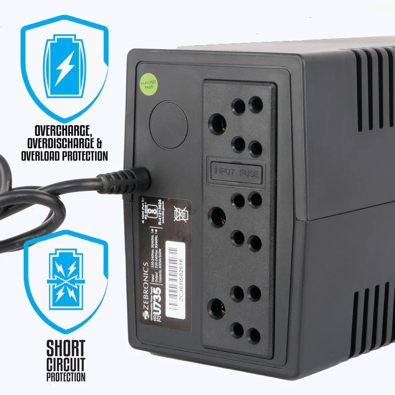 Zebronics ZEB-UPS735 600VA UPS | 360W Line Interactive UPS | Automatic Voltage Regulation (AVR) | Surge Protection | Battery Backup for PC & Router