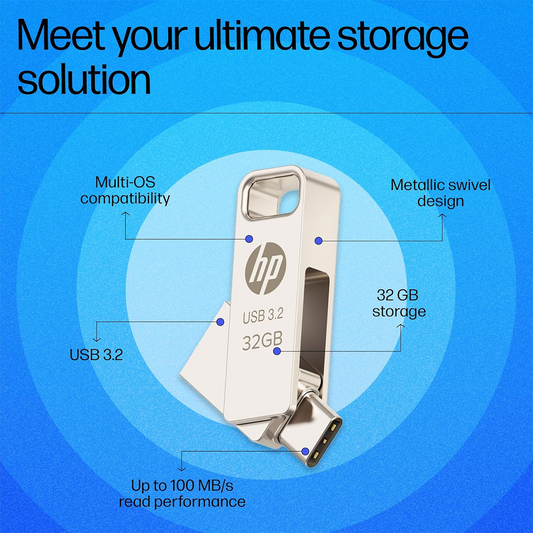 HP 886C 32GB OTG USB 3.2 Flash Drive – High-Speed Dual-Interface Storage| Compact Portable Design| Premium Gold Finish for Smartphones| Tablets & PCs