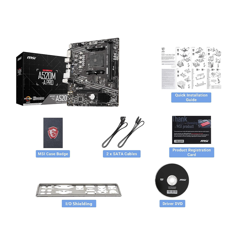 MSI A520M PRO Motherboard – AMD AM4 Socket, Supports Ryzen 3rd/4th Gen CPUs| DDR4 Memory up to 64GB, M.2 NVMe & SATA Storage|PCIe x16 Slot Gigabit LAN| HD Audio Micro-ATX Form Factor|Ideal for Budget & Mid-Range Desktop Builds