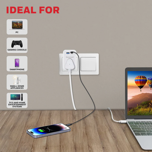 Honeywell 3 Out Surge Cube| Spike Guard| 1 Outlet| PD20W & USB A Port| 7500Amp| Charge On The Go| Device Secure Warranty| Automatic Overload Protection| 3 Years Manufacturer Warranty