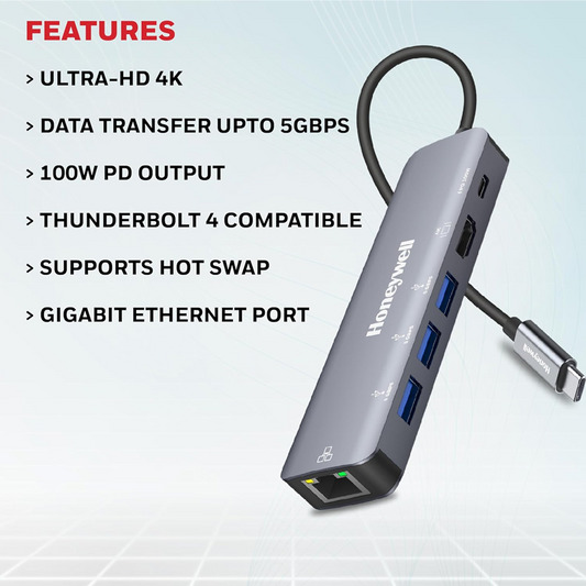 Honeywell New Launch 6-in-1 Type C Docking Station with 4K HDMI Port| 1GBPS RJ45 Ethernet Port| 3xUSB Port & Type C 3.0 PD 100W, for All Type C Devices-Windows/MacBook| On-The-Go Feature