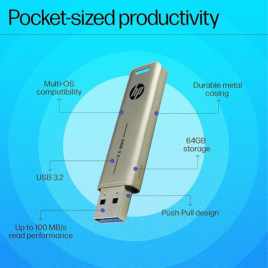 HP 796w 64GB USB 3.2 Flash Drive – Ultra-Fast Data Transfer, Sleek and Durable Metal Body, Compact Portable Storage Device for Laptop, Desktop, Car Audio