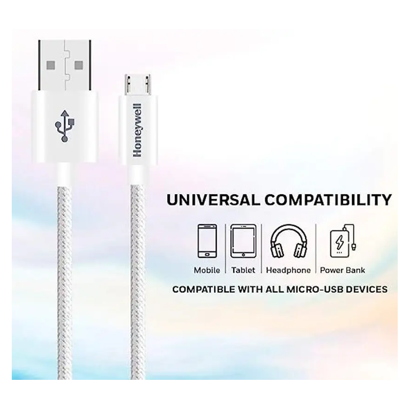 Honeywell 1.2m White Braided USB to Micro USB Cable| HC000025/CBL/1.2M/WHT/B| Compatible For Smart Phones, Tablets & Power Banks| Tangle Free & 10000+ Bends Life Span| White