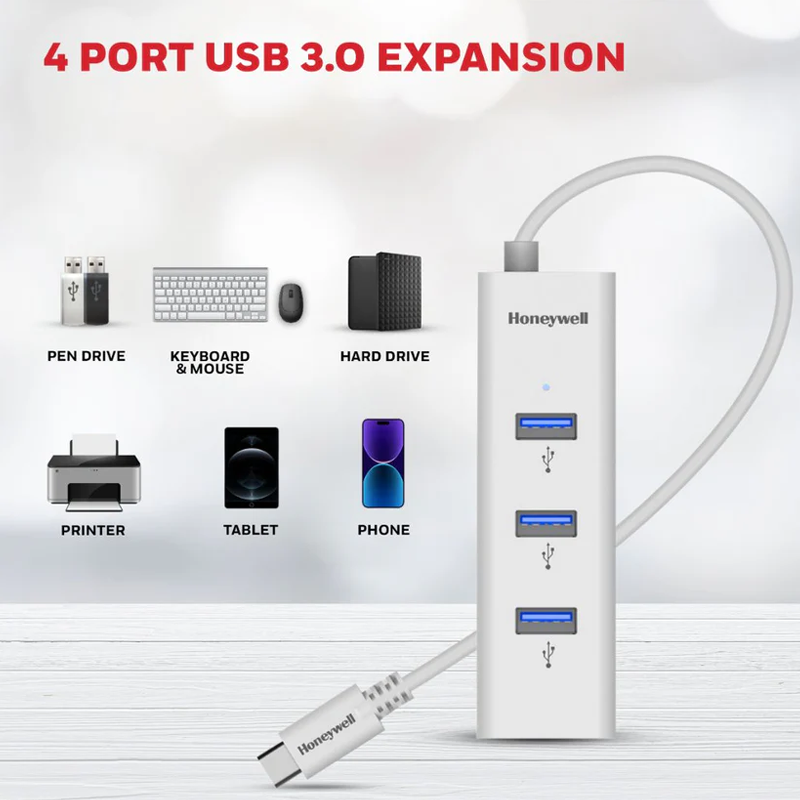 Honeywell Momentum Type C to 4xUSB 3.0 Hub| Super-Fast Transmission Speed 5GBPS| Max Current 900mA per Port| Universally Compatible with All Type C- MacBook, Laptop, PC, Printer, Mobiles, Keyboard