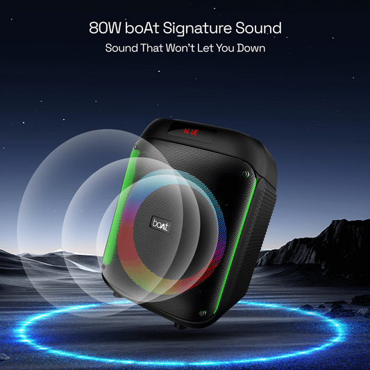 boAt Party Pal 220 Bluetooth Party Speaker w/ 80 W Signature Sound| RGB LEDs| Up to 6 hrs Playback| BT v5.3| AUX & USB Port| Wireless Mic| Bass & Treble EQs| TWS Mode