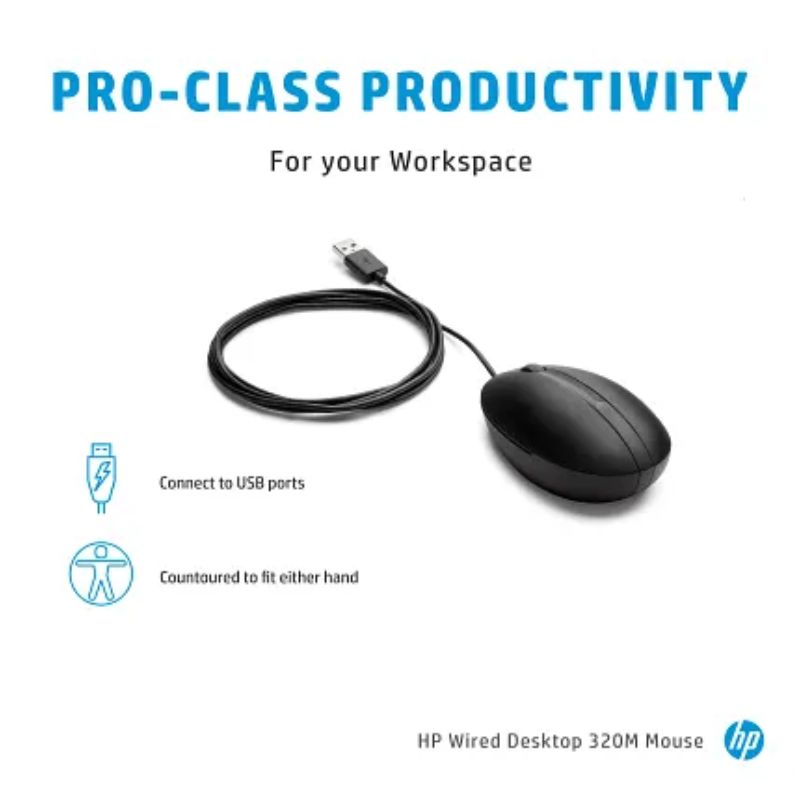 HP Wired 320M Mouse-A/P | Ergonomic Design for Comfort Use | High-Precision Optical Tracking | USB Plug & Play Connectivity | Smooth Cursor Control | Durable Everyday Office Mouse