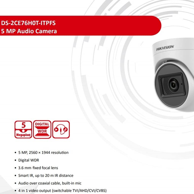 Hikvision 5MP Ultra-HD IR Wired CCTV Dome Camera| DS-2CE76H0T-ITPFS|Corded Electric| Outdoor usage| White