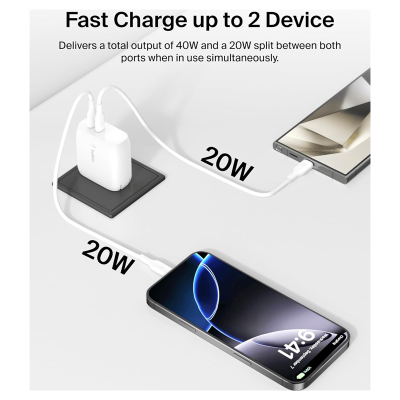 Belkin 40W |20W + 20W| Two Ports USB -C PD Wall Charger | Fast Charging for iPhone 17, Air, Pro, Pro Max, Samsung Galaxy S25, Google Pixel 10, iPad, AirPods | 2 Years Warranty| White