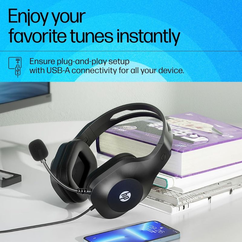 HP H125 Stereo USB Headset | Noise-Reducing Mic | USB Wired Headphones for PC & Laptop