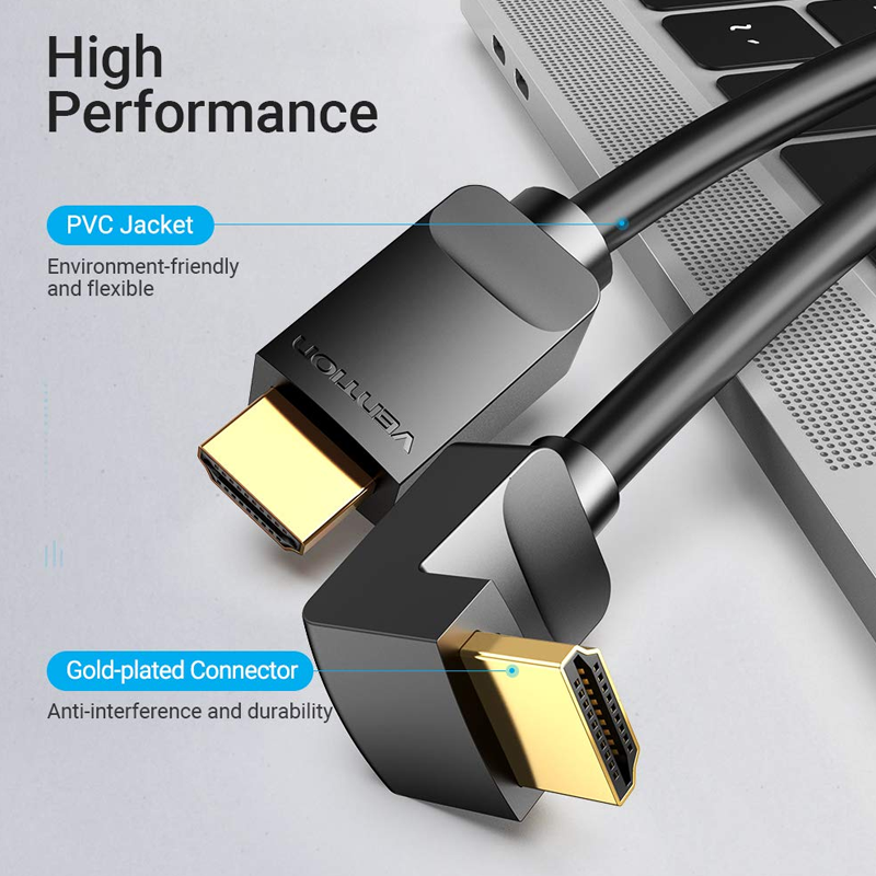 Vention High Speed HDMI Right Angle Cable 90 Degree Supports Ethernet, 3D, 4K, 1080p| Gold Plated Audio Return Channel 2M| 3 years warranty| Black