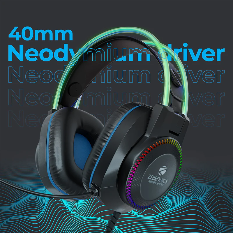 Zebronics Jet PRO Premium Wired Gaming On Ear Headphone with LED for Headband + earcups| 40mm Neodymium Drivers| 2 Meter Braided Cable with mic| Suspension Design| 3.5mm + USB Connector |Black, Blue