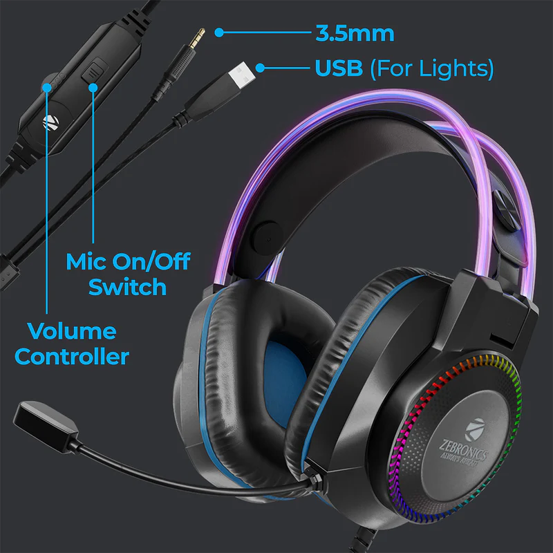 Zebronics Jet PRO Premium Wired Gaming On Ear Headphone with LED for Headband + earcups| 40mm Neodymium Drivers| 2 Meter Braided Cable with mic| Suspension Design| 3.5mm + USB Connector |Black, Blue