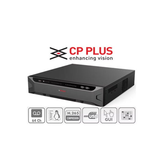 CP PLUS 64 Channel 4K Network Video Recorder (NVR) with AI Analytics and Dual SATA – Model CP‑UNR‑4K564R8