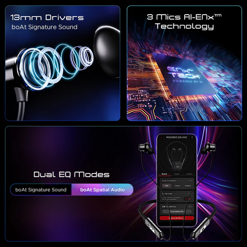 boAt Rockerz 255 ANC| 100HRS Battery| Spatial Audio | Fast Charge(10Mins=24HRS)| 3Mics Aienx| 13Mm Drivers| Power Earbuds| Bluetooth Neckband in Ear Wireless with Mic Earphones