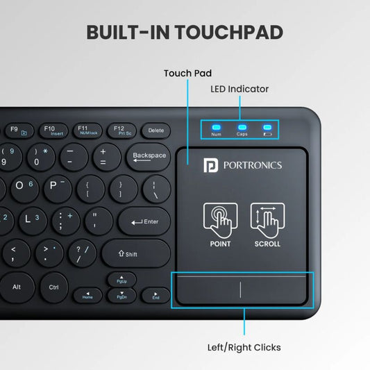 Portronics POR‑1841 Bubble Pro | Wireless Keyboard with Built-in Touchpad & Gesture Control | Smooth Navigation for Windows & Mac | Sleek, Portable Design for Home & Office