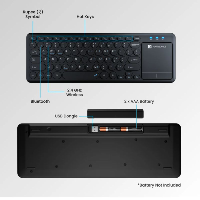 Portronics POR‑1841 Bubble Pro | Wireless Keyboard with Built-in Touchpad & Gesture Control | Smooth Navigation for Windows & Mac | Sleek, Portable Design for Home & Office