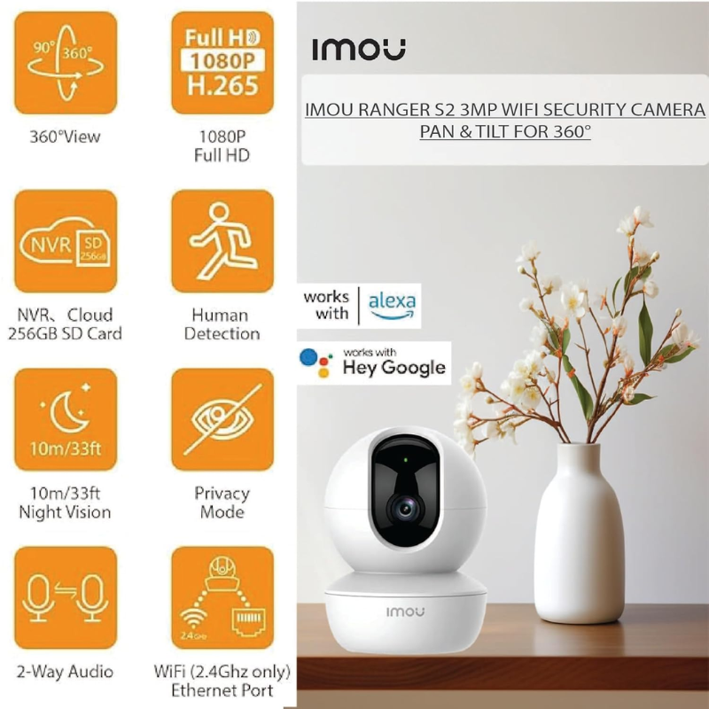 Imou Ranger S2 3MP WiFi Security Camera| IPC-DK2-3H1W-S2| Pan & Tilt for 360°| Human Detection| Smart Tracking| 2-Way Audio| Night Vision| Alexa Google Assistant| Up to 256GB SD Card Support