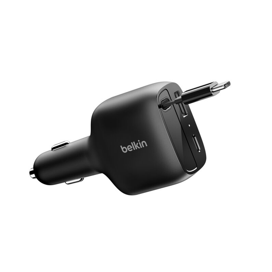 Belkin Retractable Car Charger 75W| Black| 75cm USB-C cable| Fast iPhone charger| 100% plastic-free packaging| two ports -USB-C + USB-A